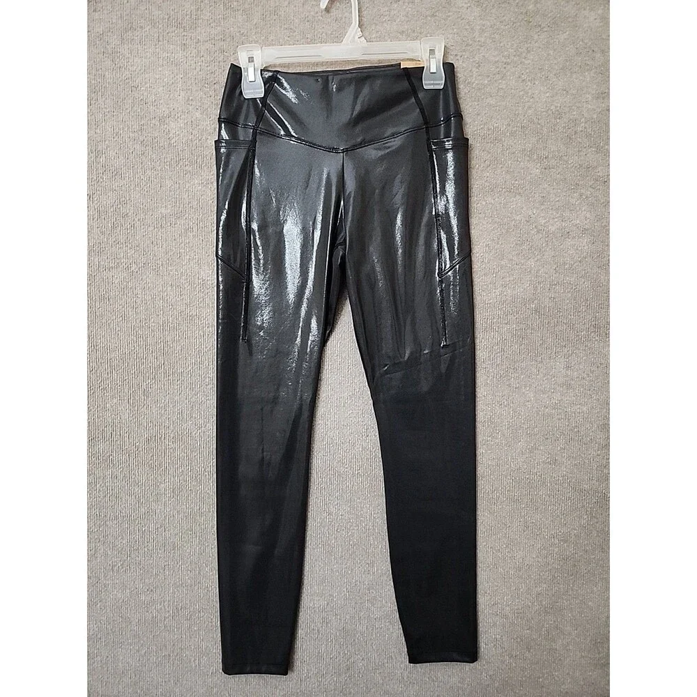 PINK Active High Rise Full Length Legging Pants Womens M Shiny Black Stretch NEW
